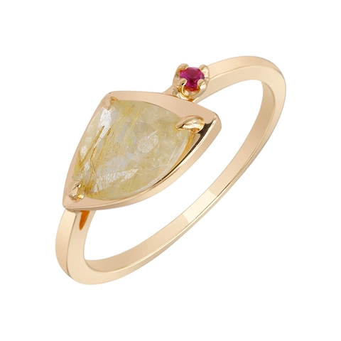 925 Sterling Silver Gold Plated Rutilated Quartz Ring With Synthetic Ruby Geometric Jewelry For Women Daily Wear Gift