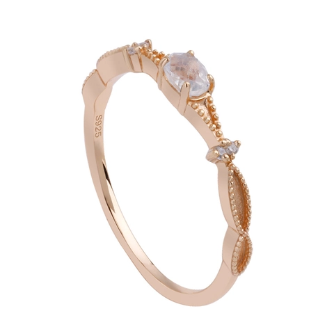 925 Sterling Silver Ring For Women Natural Moonstone Zirconia Oval Gemstone Ring Retro Gold Plated Milgrain Jewelry Finger Ring Gift