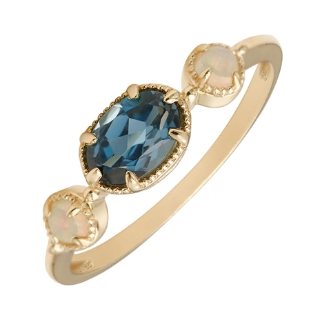 925 Sterling Silver 14K Gold Plated Ring With Oval London Blue Topaz And Round White Opal Vintage Jewelry For Women