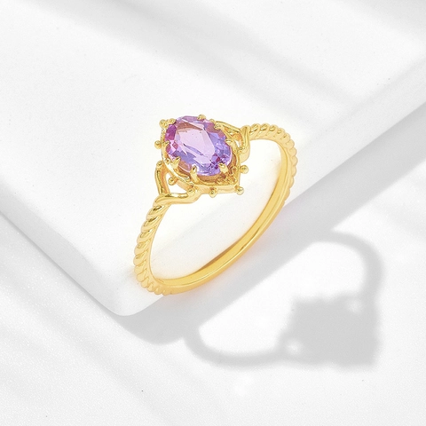 Vintage 925 Sterling Silver Amethyst Crown Ring For Women Gold Plated Oval Purple Crystal Rope Texture Band Luxury Jewelry