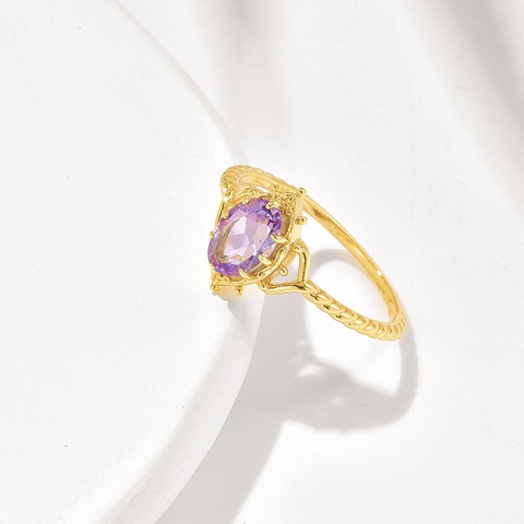 Vintage 925 Sterling Silver Amethyst Crown Ring For Women Gold Plated Oval Purple Crystal Rope Texture Band Luxury Jewelry