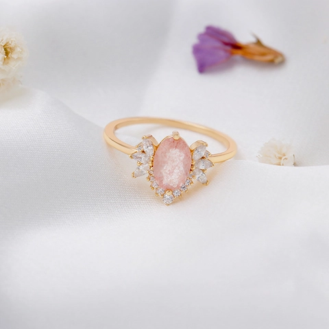 S925 Sterling Silver Pink Strawberry Quartz Ring For Women Luxury Zirconia Flower Cluster Retro Fashion Jewelry Party Gift