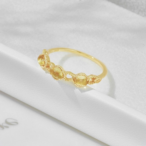 925 Sterling Silver 14K Gold Plated Natural Yellow Citrine Ring Vintage Hollow Rhombus Geometric Energy Band Jewelry For Women