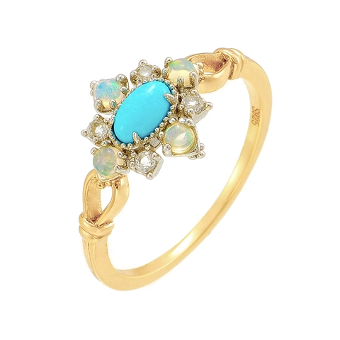 Vintage 925 Sterling Silver Ring With Natural Turquoise And African Opal Gold Plated Flower Rhombus Jewelry For Women Party Gift
