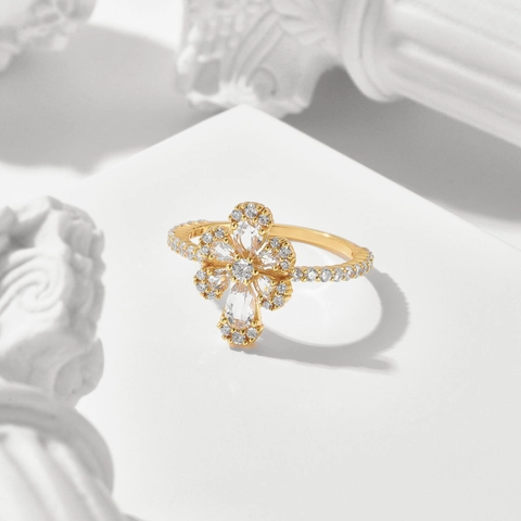 S925 Sterling Silver White Topaz Flower Cluster Ring Gold Plated Zirconia Refined Floral Finger Ring For Women Gift