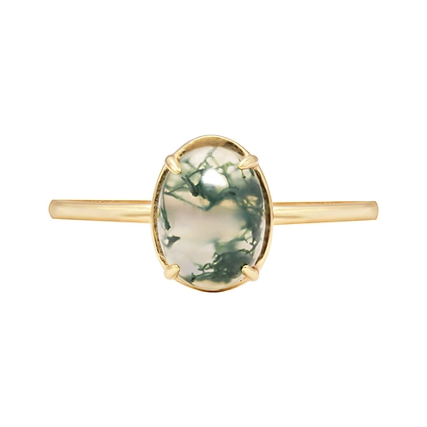 Vintage 925 Sterling Silver Moss Agate Ring Gold Plated Oval Natural Stone Minimalist Japanese Style Finger Ring For Women Jewelry Gift