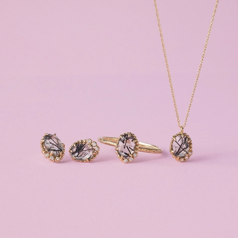 Vintage 925 Sterling Silver Ring 14K Gold Plated Oval Black Rutilated Quartz Zirconia Earrings Necklace Jewelry Set For Women