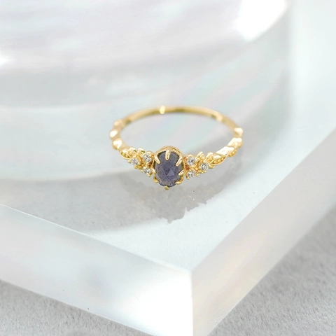 Vintage 14K Gold Plated 925 Sterling Silver Ring For Women Natural Iolite Labradorite White Zircon Leaf Floral Adjustable Jewelry Ring