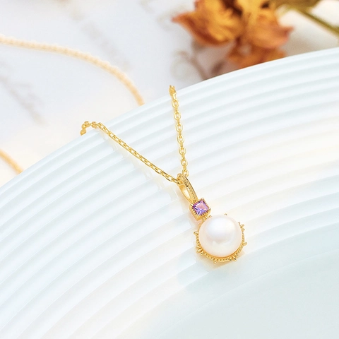 Collana Con Ciondolo In Argento Sterling 925 Placcato Oro 14K Con Ametista E Perla Artificial Per Donna Gioielli Eleganti