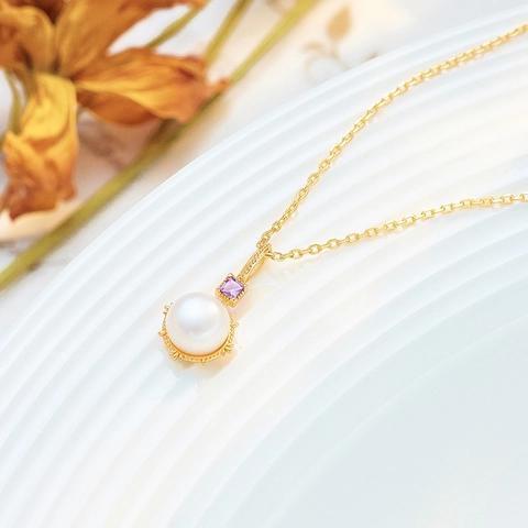 Collana Con Ciondolo In Argento Sterling 925 Placcato Oro 14K Con Ametista E Perla Artificial Per Donna Gioielli Eleganti