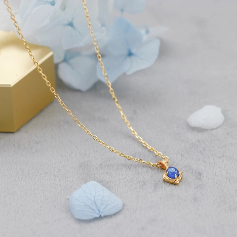 Vintage 925 Sterling Silver 14K Gold Plated Kyanite Necklace And Ring Hollow Geometric Blue Gemstone Jewelry For Women