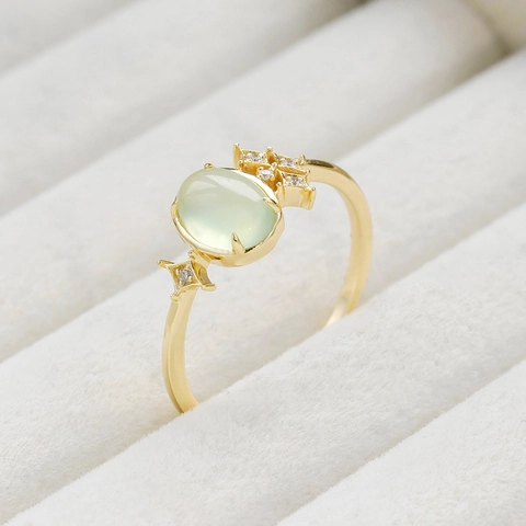 French Retro S925 Sterling Silver Ring 14K Gold Plated Prehnite Ring Oval Green Stone Star Cubic Zirconia Ring Women Jewelry