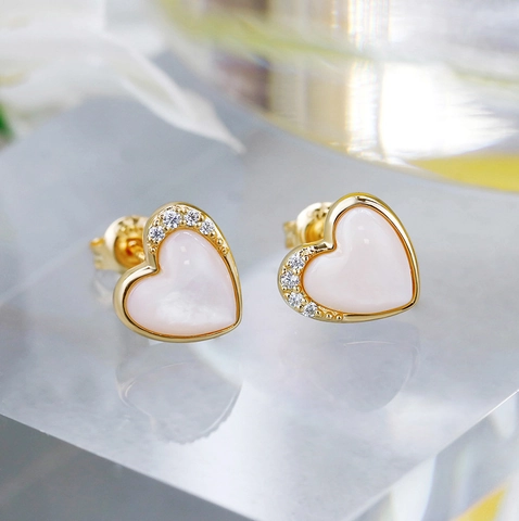 Sweet S925 Sterling Silver Heart Stud Earrings With Pink Shell And White Zirconia 14K Gold Plated Jewelry For Women Gift