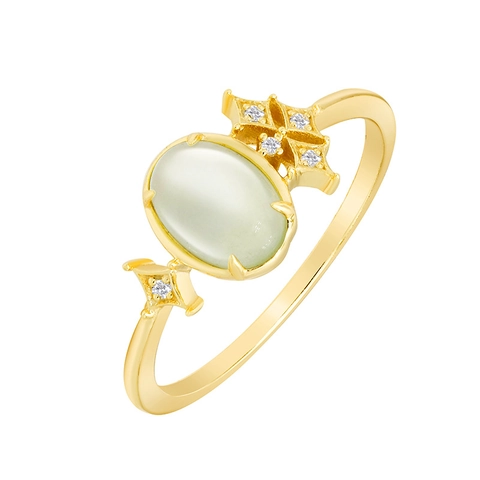 French Retro S925 Sterling Silver Ring 14K Gold Plated Prehnite Ring Oval Green Stone Star Cubic Zirconia Ring Women Jewelry