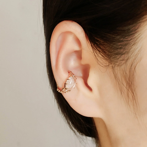 Manchette d'Oreille Vintage Français Argent Sterling S925 Plaqué Or 14K Cristal Blanc Sculpté Marguerite Femme Zirconium