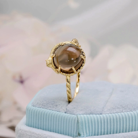 Anillo de Plata de Ley S925 Chapado en Oro de 14K Vintage Con Cuarzo Ahumado Diseño de Gato Estilo Japonés Lindo Anillo de Animal Joyería de Mujer