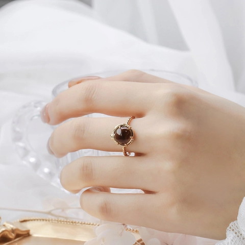 Anillo de Plata de Ley S925 Chapado en Oro de 14K Vintage Con Cuarzo Ahumado Diseño de Gato Estilo Japonés Lindo Anillo de Animal Joyería de Mujer