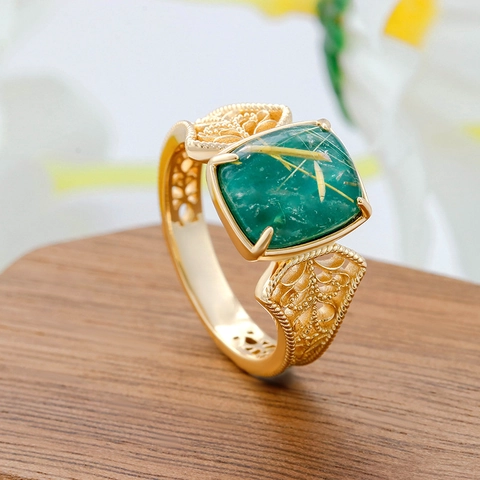 S925 Sterling Silver Ring For Women Vintage Palace Style Malachite Rutilated Quartz Inlaid Gold Plated Hollow Geometric Ring Jewelry