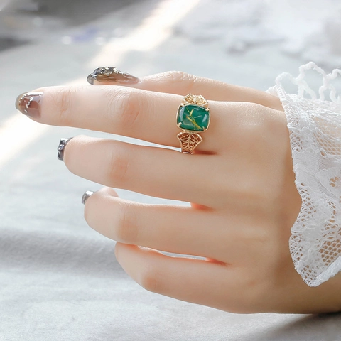S925 Sterling Silver Ring For Women Vintage Palace Style Malachite Rutilated Quartz Inlaid Gold Plated Hollow Geometric Ring Jewelry