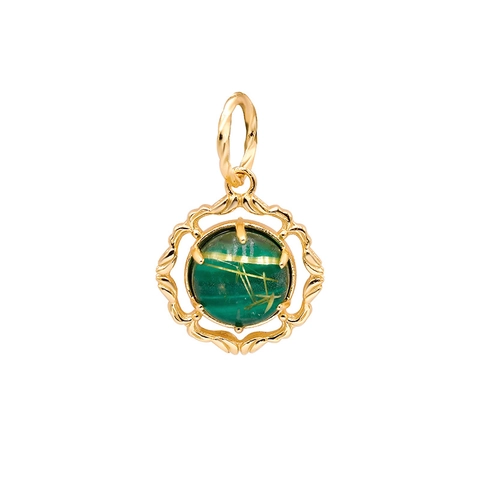 925 Sterling Silver 14K Gold Plated Pendant Only Without Chain Golden Rutilated Quartz Malachite Round Filigree Jewelry
