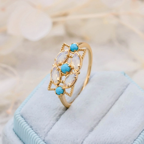 Vintage S925 Sterling Silver 14K Gold Plated Ring With Natural Turquoise And Opal Hollow Geometric Flower Ring For Women Jewelry