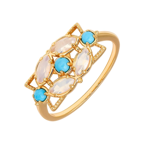 Vintage S925 Sterling Silver 14K Gold Plated Ring With Natural Turquoise And Opal Hollow Geometric Flower Ring For Women Jewelry