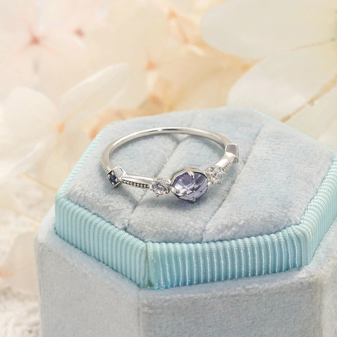S925 Sterling Silver Iolite Blue Sapphire Ring For Women Vintage Geometric Milgrain Zirconia Inlaid Luxury Jewelry Gift