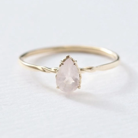 925 Sterling Silver Ring 14K Gold Plated Water Drop Rose Quartz Pear Shaped Pink Crystal Ring For Women Jewelry Gift