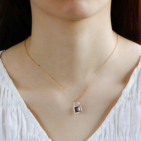 French Vintage S925 Sterling Silver 14K Gold Plated Smoky Quartz Padlock Pendant Necklace Openable Carved Flower Jewelry