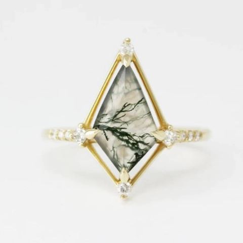 Vintage S925 Sterling Silver 14K Gold Plated Kite Cut Moss Agate Ring French Light Luxury Zircon Jewelry For Women