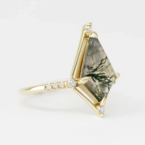 Vintage S925 Sterling Silver 14K Gold Plated Kite Cut Moss Agate Ring French Light Luxury Zircon Jewelry For Women