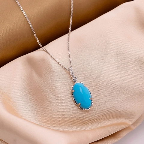 Vintage S925 Sterlingsilber Künstlicher Türkis Anhänger Halskette Für Damen Retro Oval Himmelblau Edelstein Schmuck Elegantes Geschenk