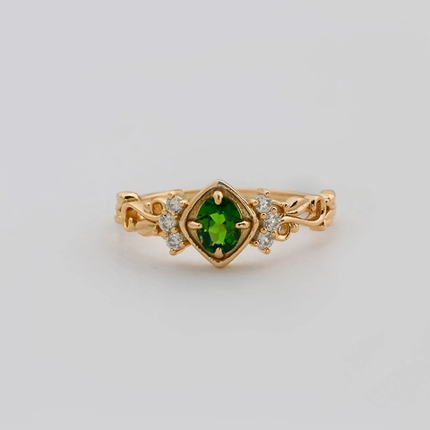 Vintage 925 Sterling Silver 14K Gold Plated Ring With Oval Green Diopside White Zircon Hollow Vine French Style Jewelry For Women