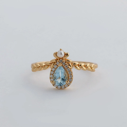 S925 Sterling Silver 14K Gold Plated Topaz Rose Quartz Water Drop Artificial Pearl Ring Elegant Leaf Pattern Jewelry For Women