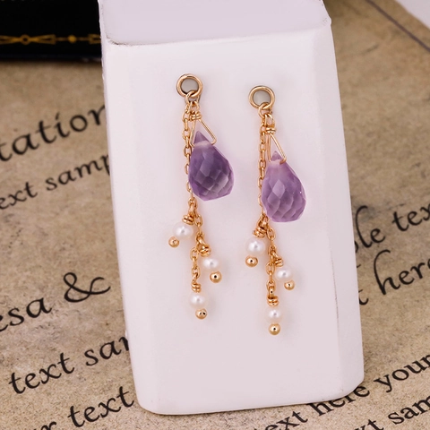 Orecchini a Gancio Vintage Francese in Argento Sterling S925 Placcato Oro 14K con Ametista e Künstliche Perle Gioielli da Donna