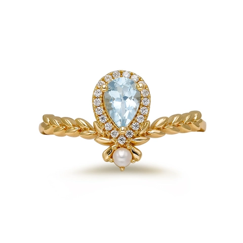 S925 Sterling Silver 14K Gold Plated Topaz Rose Quartz Water Drop Artificial Pearl Ring Elegant Leaf Pattern Jewelry For Women
