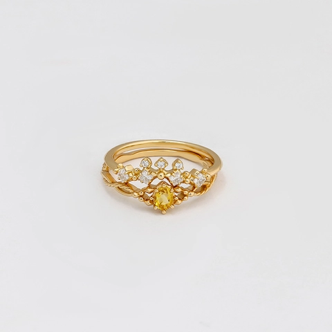 Vintage S925 Sterlingsilber Krone Ring Set 14K Vergoldet Citrin Gelber Kristall Weißer Zirkonia Stapelringe Schmuck