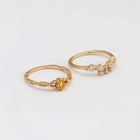 Vintage S925 Sterlingsilber Krone Ring Set 14K Vergoldet Citrin Gelber Kristall Weißer Zirkonia Stapelringe Schmuck