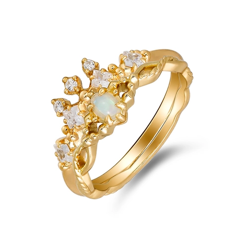 French Retro S925 Sterling Silver 14K Gold Plated Australian Opal White Zirconia Crown Stackable Ring For Women Jewelry