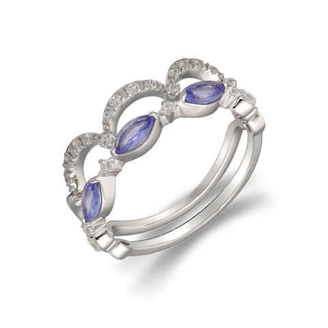 Vintage 925 Sterling Silver Ring Set Marquise Garnet Tanzanite Topaz Gemstone 14K Gold Plated Wave Stackable Rings Jewelry