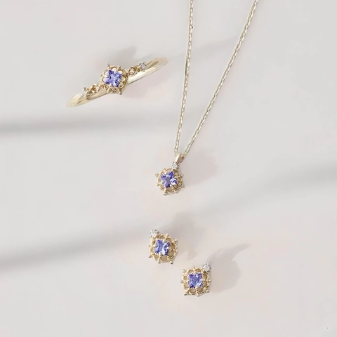 S925 Sterling Silver Jewelry Set For Women 14K Gold Plated Hollow Tanzanite Pendant Necklace Stud Earrings Ring Vintage Jewelry
