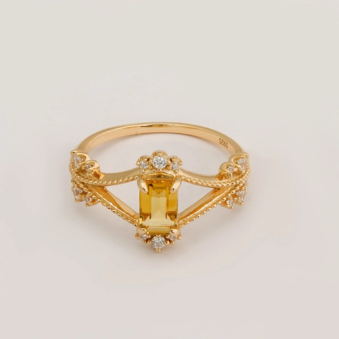 S925 Sterling Silver 14K Gold Plated Citrine Ring Vintage Hollow Geometric Yellow Gemstone Zirconia Rings For Women Jewelry