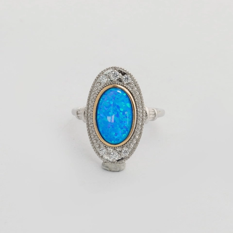 Vintage 925 Sterlingsilber Künstlicher Blauer Opal Ring Für Damen Französisch Art Deco Zirkonia Vergoldeter Silberschmuck