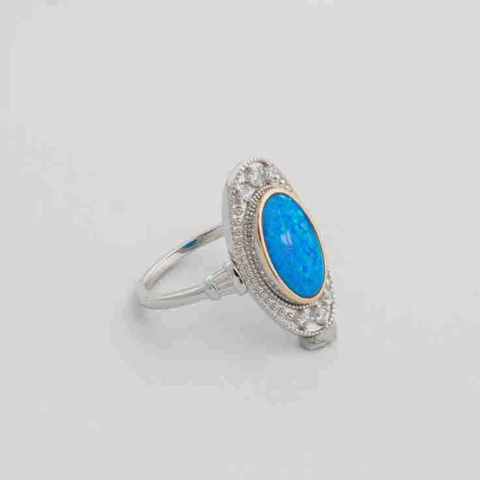 Vintage 925 Sterlingsilber Künstlicher Blauer Opal Ring Für Damen Französisch Art Deco Zirkonia Vergoldeter Silberschmuck