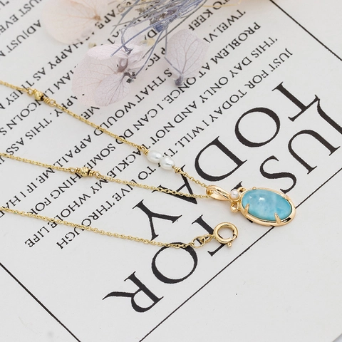 Collier Pendentif en Argent Sterling S925 Plaqué Or 14K Larimar Cristal de Roche Avec Künstliche Perle Bijoux Vintage Femme