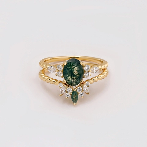 Vintage S925 Sterling Silver 14K Gold Plated Moss Agate Stackable Rings Oval Green Gemstone Zirconia Rings For Women Jewelry