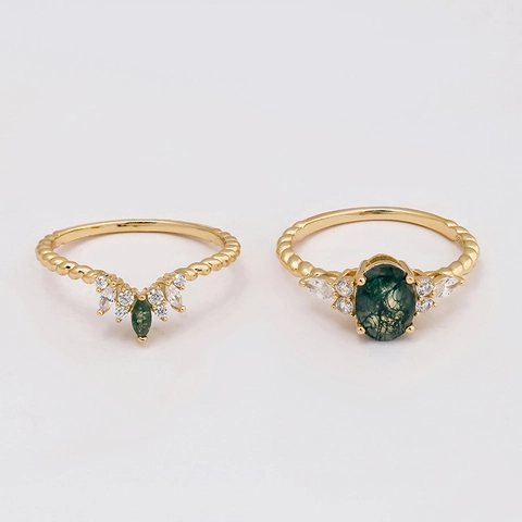 Vintage S925 Sterling Silver 14K Gold Plated Moss Agate Stackable Rings Oval Green Gemstone Zirconia Rings For Women Jewelry
