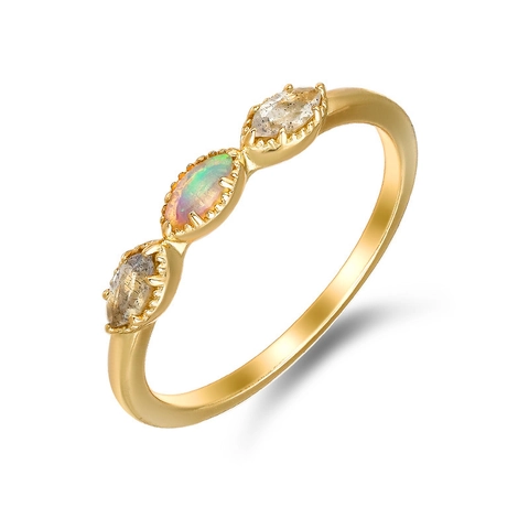 Vintage S925 Sterling Silver 14K Gold Plated Marquise Cut Opal Labradorite Three Stone Ring For Women Retro Gemstone Jewelry