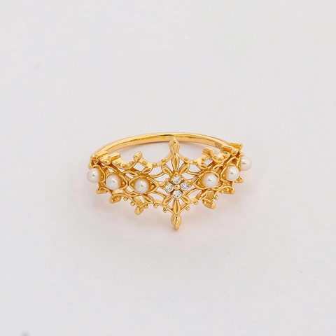S925 Sterlingsilber 14K Vergoldet Süßwasserperle Zirkonia Hohle Spitze Ring Vintage Süß Königlich Krone Ring Damen Schmuck