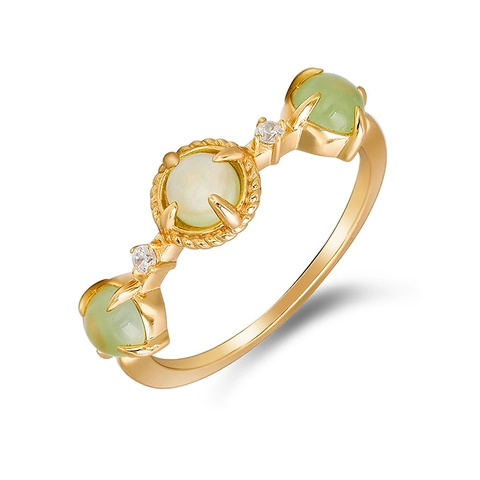 Vintage 925 Sterling Silver Gold Plated Prehnite Ring For Women Fresh Pastoral Style Green Stone Zircon Inlaid Finger Ring